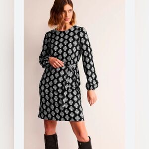 Boden Violet Ponte Shift Tie Waist Black Mosaic Dress Size 14L Tall Long‎